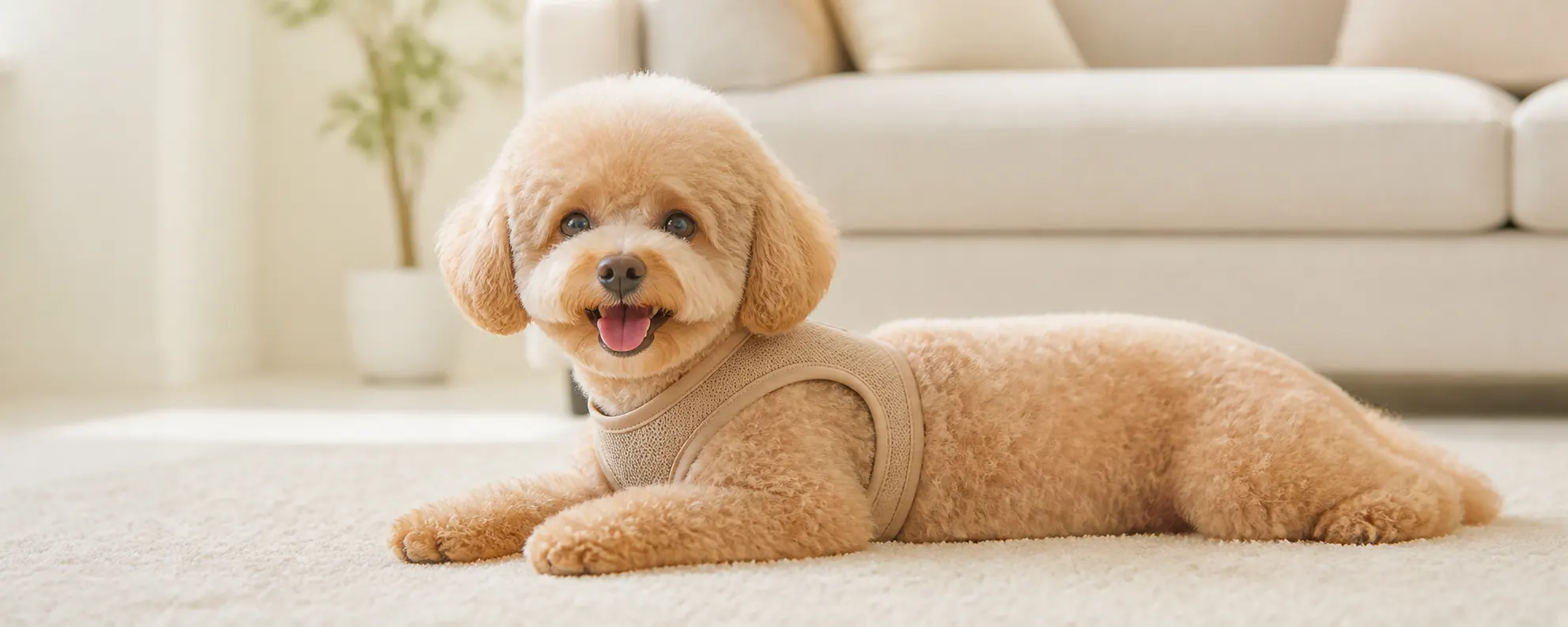 明るいリビングでハーネスを着けて伏せるアプリコット色の小型犬